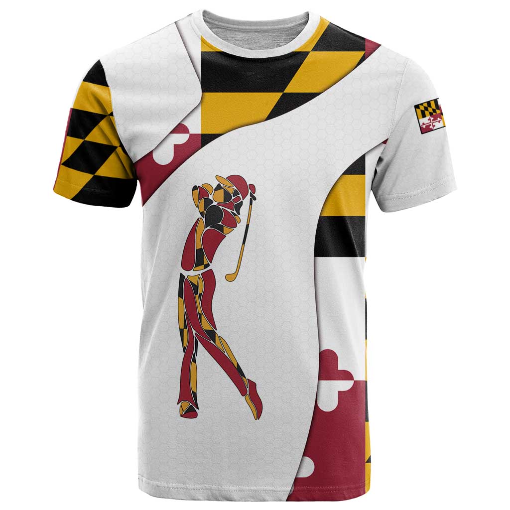 Golf Player Silhouette T-Shirt Maryland Flag Pattern and Custom Name Panel Design Graphic Tee