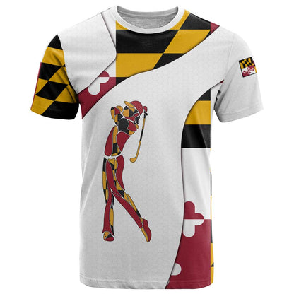 Golf Player Silhouette T-Shirt Maryland Flag Pattern and Custom Name Panel Design Graphic Tee