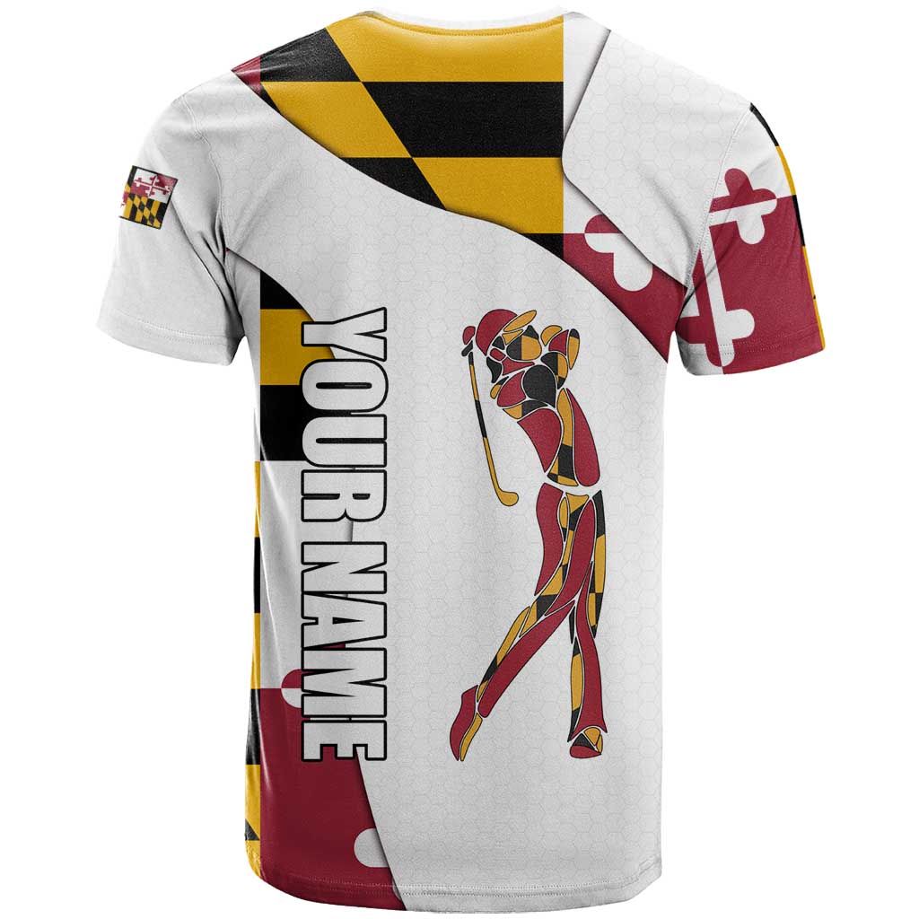 Golf Player Silhouette T-Shirt Maryland Flag Pattern and Custom Name Panel Design Graphic Tee
