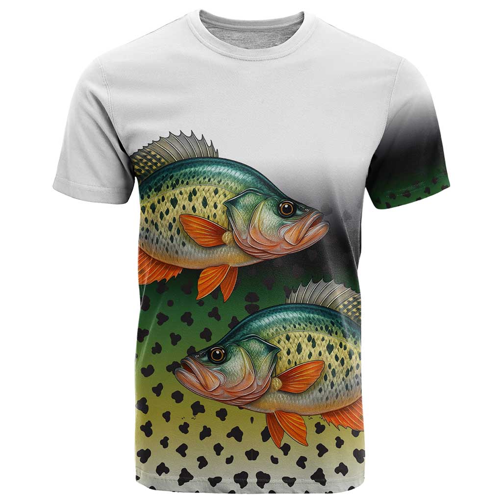 Colorful Crappie Fishing Green Scales T-Shirt Gradient Camo Pattern and Custom Name Fishing Graphic Tee