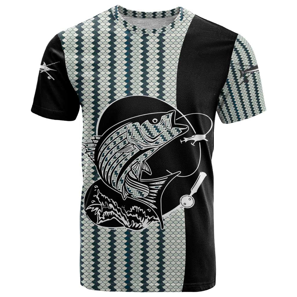 Striped Bass Jumping Graphic T-Shirt Rod Reel and Airplane on Fish Scale Pattern Graphic Tee