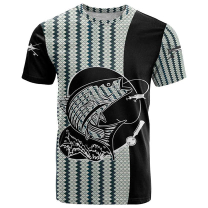 Striped Bass Jumping Graphic T-Shirt Rod Reel and Airplane on Fish Scale Pattern Graphic Tee