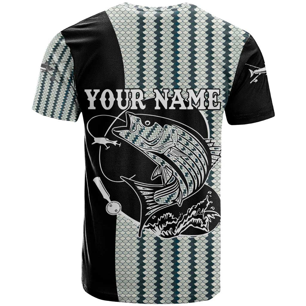 Striped Bass Jumping Graphic T-Shirt Rod Reel and Airplane on Fish Scale Pattern Graphic Tee