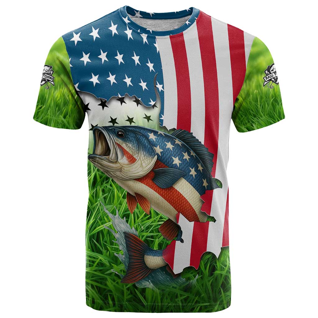 American Flag Bass Fishing Design T-Shirt with Largemouth Bass and Green Grass Background Graphic Tee