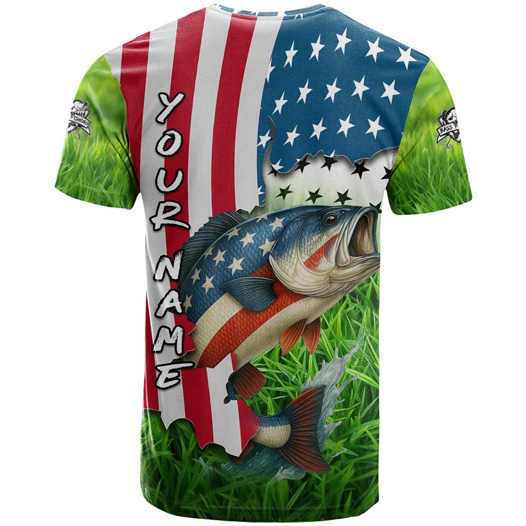 American Flag Bass Fishing Design T-Shirt with Largemouth Bass and Green Grass Background Graphic Tee