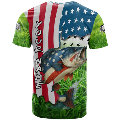 American Flag Bass Fishing Design T-Shirt with Largemouth Bass and Green Grass Background Graphic Tee