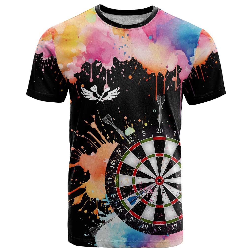 Dartboard and Colorful Paint Splash Darts T-Shirt with Aim Shoot Swear Repeat Quote Custom Name Graphic Tee