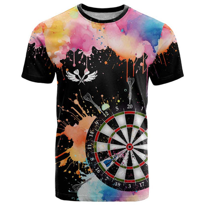 Dartboard and Colorful Paint Splash Darts T-Shirt with Aim Shoot Swear Repeat Quote Custom Name Graphic Tee