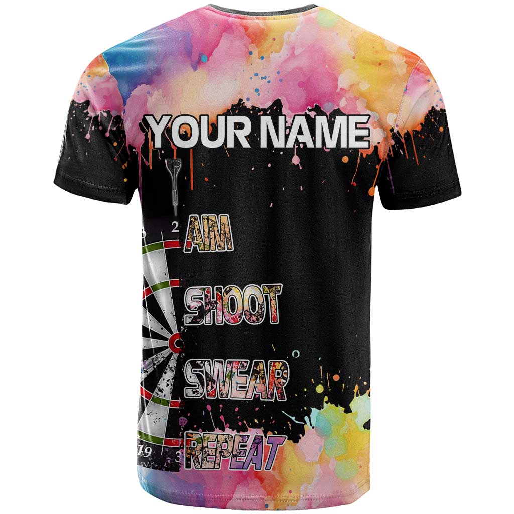 Dartboard and Colorful Paint Splash Darts T-Shirt with Aim Shoot Swear Repeat Quote Custom Name Graphic Tee