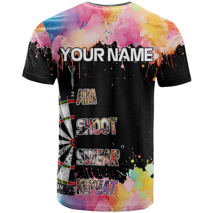 Dartboard and Colorful Paint Splash Darts T-Shirt with Aim Shoot Swear Repeat Quote Custom Name Graphic Tee