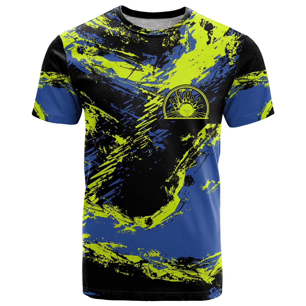 Abstract Blue and Yellow Bowling Ball Strike Design T-Shirt with Custom Name Print Graphic Tee