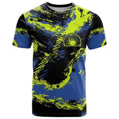 Abstract Blue and Yellow Bowling Ball Strike Design T-Shirt with Custom Name Print Graphic Tee