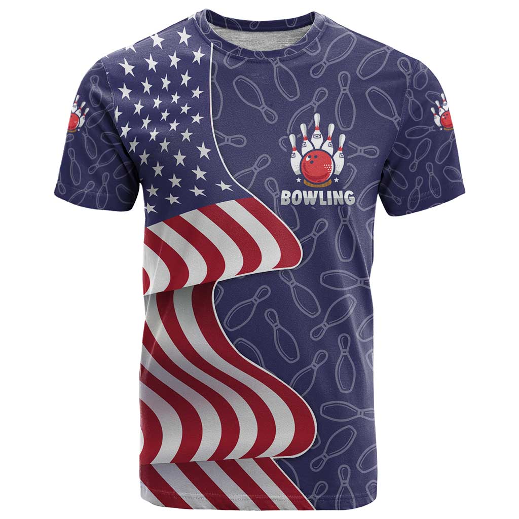 American Flag Bowling Pin Strike Graphic T-Shirt with Custom Name and Pattern Background Graphic Tee
