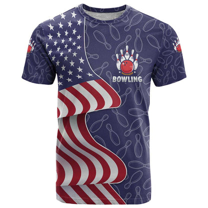 American Flag Bowling Pin Strike Graphic T-Shirt with Custom Name and Pattern Background Graphic Tee
