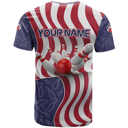 American Flag Bowling Pin Strike Graphic T-Shirt with Custom Name and Pattern Background Graphic Tee