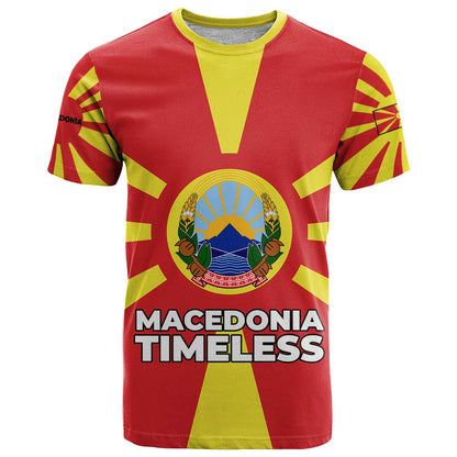 Macedonia T-Shirt with National Emblem and Sunburst Flag Design Graphic Tee