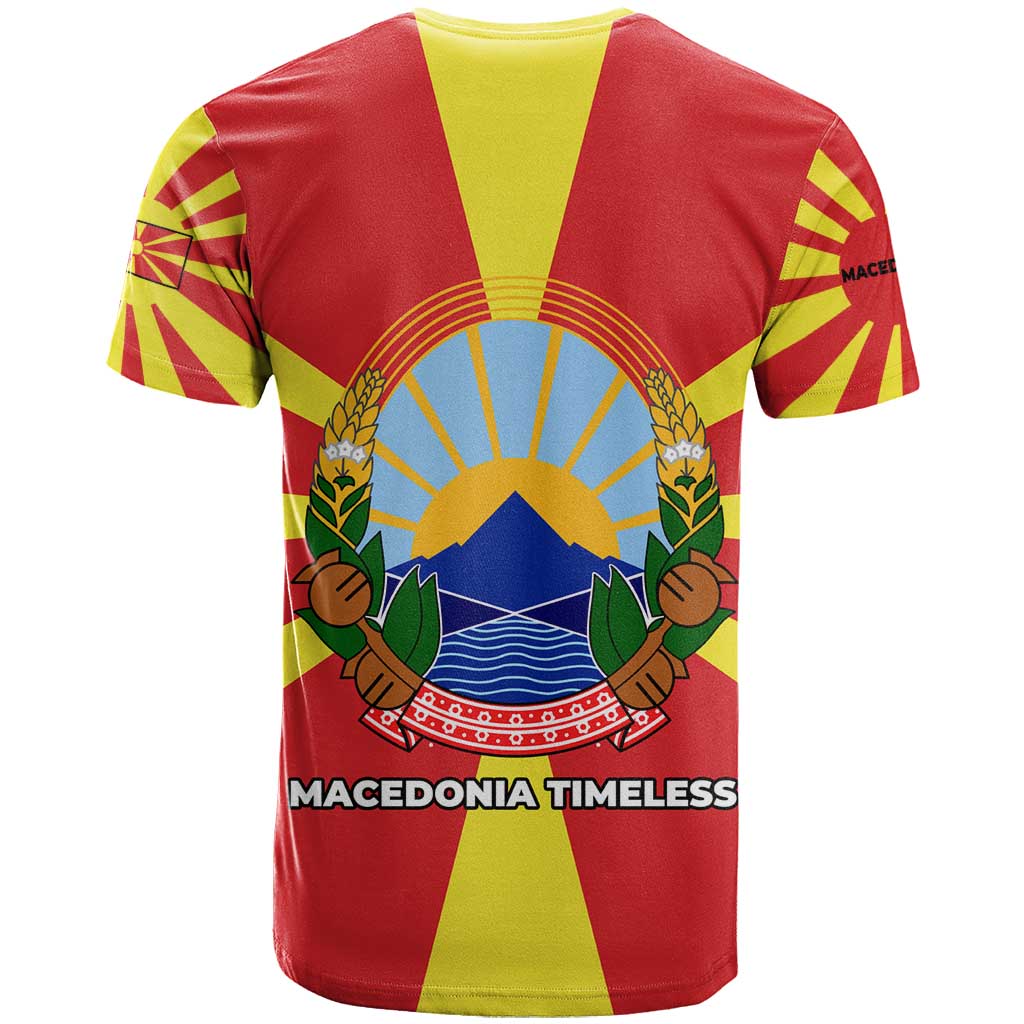 Macedonia T-Shirt with National Emblem and Sunburst Flag Design Graphic Tee
