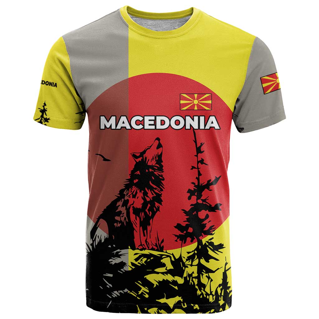 Macedonia T-Shirt with Howling Wolf and Sunset Forest Design Graphic Tee