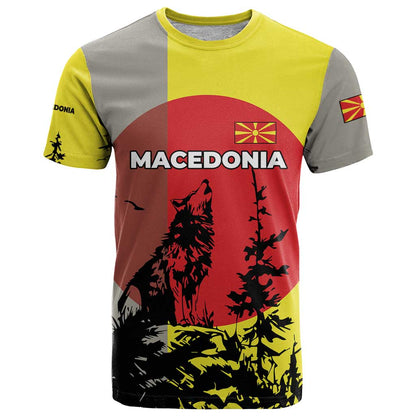 Macedonia T-Shirt with Howling Wolf and Sunset Forest Design Graphic Tee