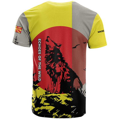 Macedonia T-Shirt with Howling Wolf and Sunset Forest Design Graphic Tee