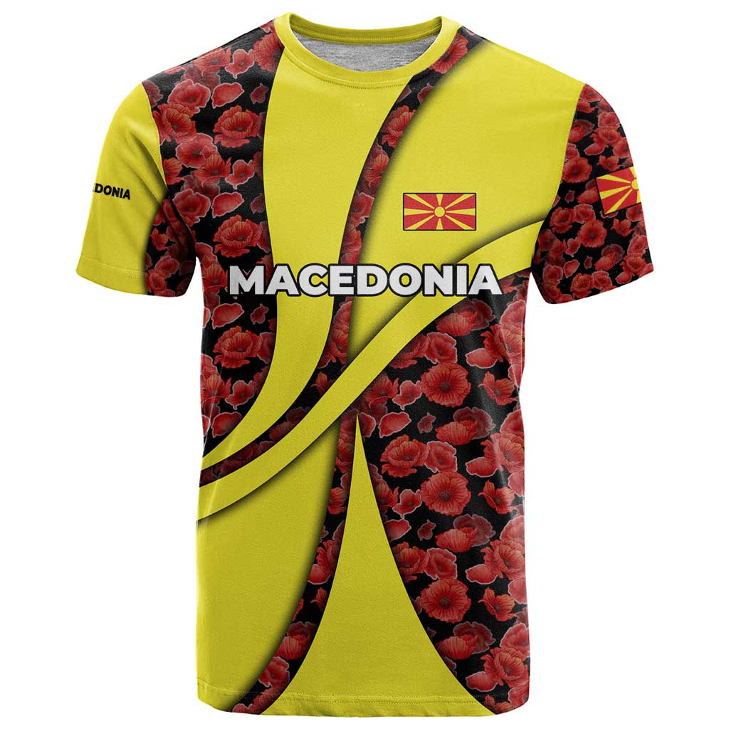 Macedonia T-Shirt with Red Poppy Flower and Curved Panel Design Graphic Tee