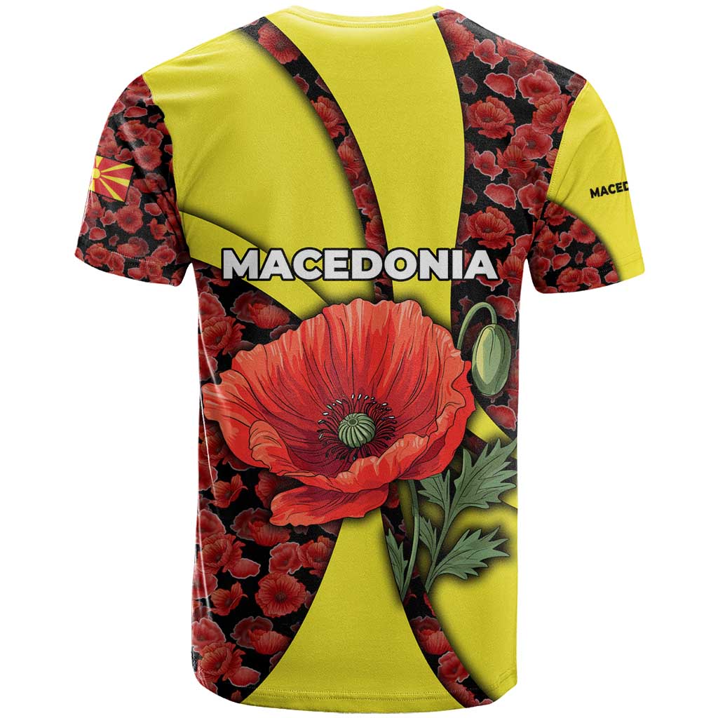 Macedonia T-Shirt with Red Poppy Flower and Curved Panel Design Graphic Tee