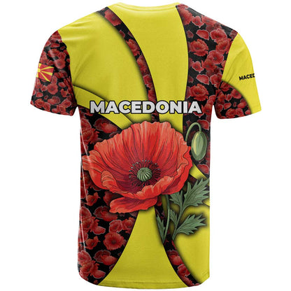 Macedonia T-Shirt with Red Poppy Flower and Curved Panel Design Graphic Tee
