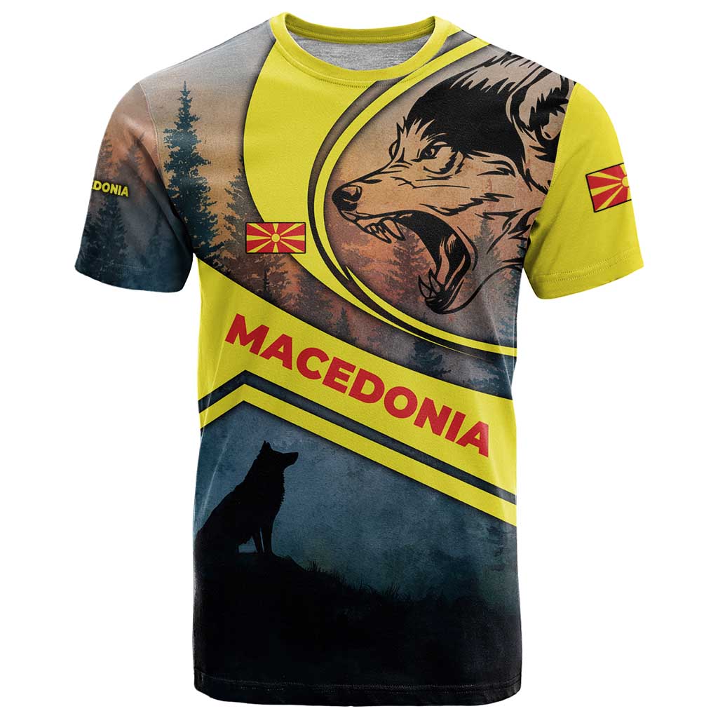 Macedonia T-Shirt with Forest Wolf and Sunset Silhouette Design Graphic Tee