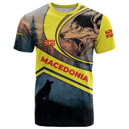Macedonia T-Shirt with Forest Wolf and Sunset Silhouette Design Graphic Tee
