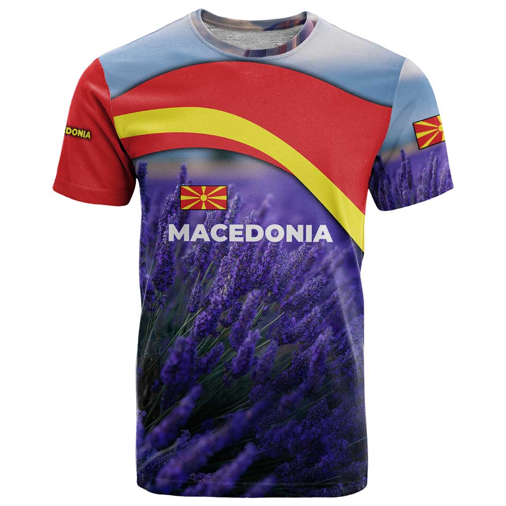 Macedonia T-Shirt with Lavender Field and Bloom Curve Design Graphic Tee