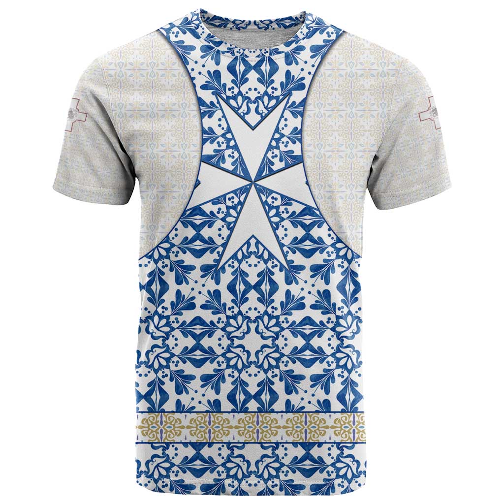 Malta T-Shirt with Blue White Tile Design and Maltese Cross Pattern Graphic Tee