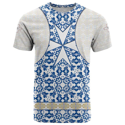 Malta T-Shirt with Blue White Tile Design and Maltese Cross Pattern Graphic Tee