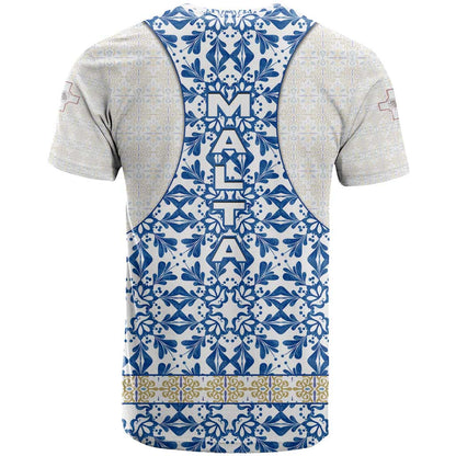 Malta T-Shirt with Blue White Tile Design and Maltese Cross Pattern Graphic Tee