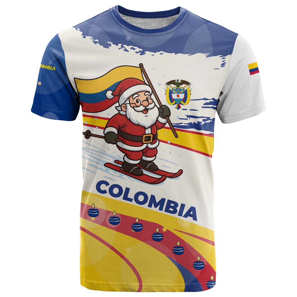Colombia Christmas T-Shirt with Santa Skiing Colombian Flag and Holiday Ornament Graphic Tee