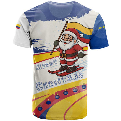 Colombia Christmas T-Shirt with Santa Skiing Colombian Flag and Holiday Ornament Graphic Tee