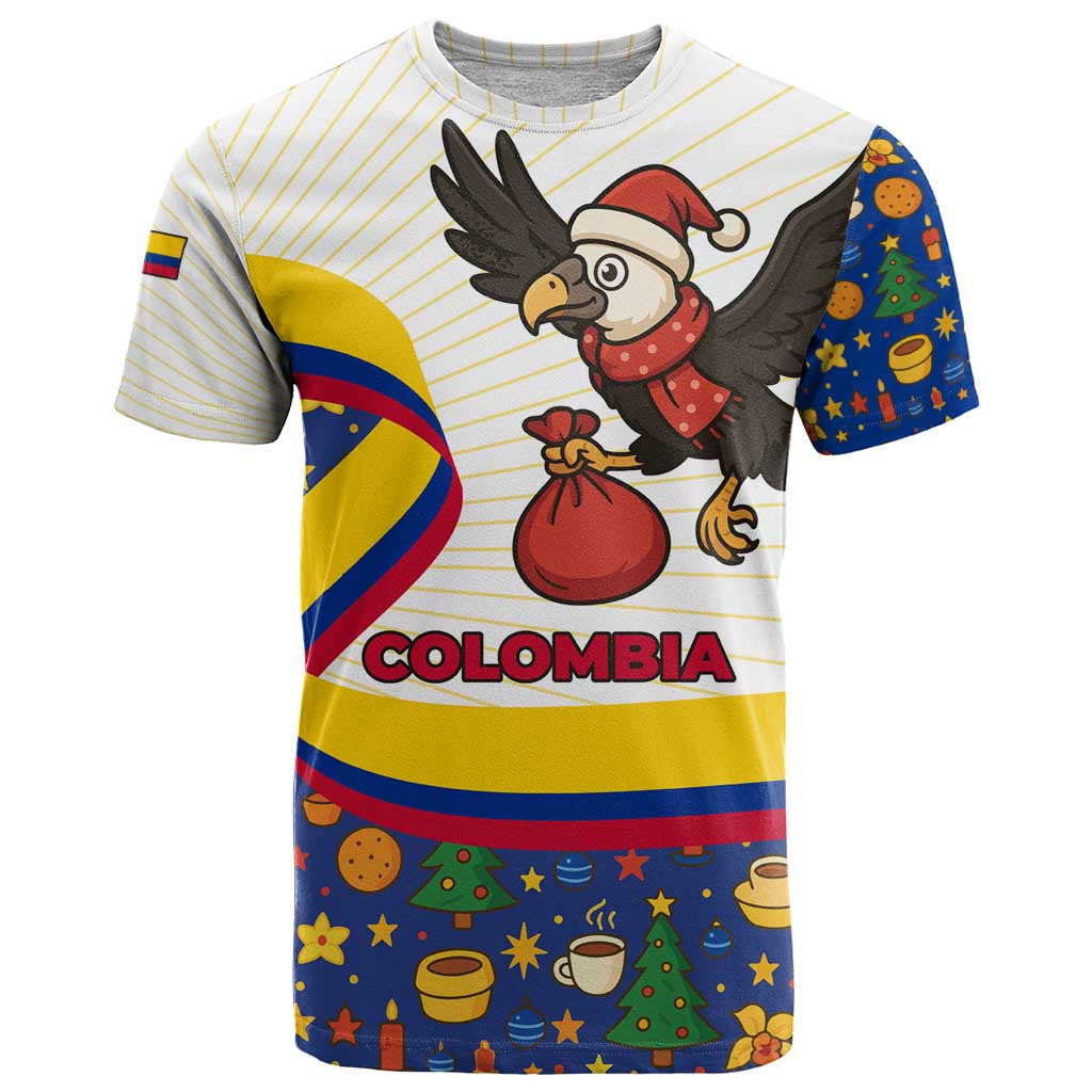 Colombia Christmas T-Shirt with Santa Condor Gift Bag and Holiday Food Pattern Graphic Tee