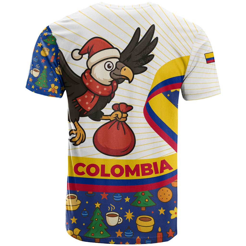 Colombia Christmas T-Shirt with Santa Condor Gift Bag and Holiday Food Pattern Graphic Tee