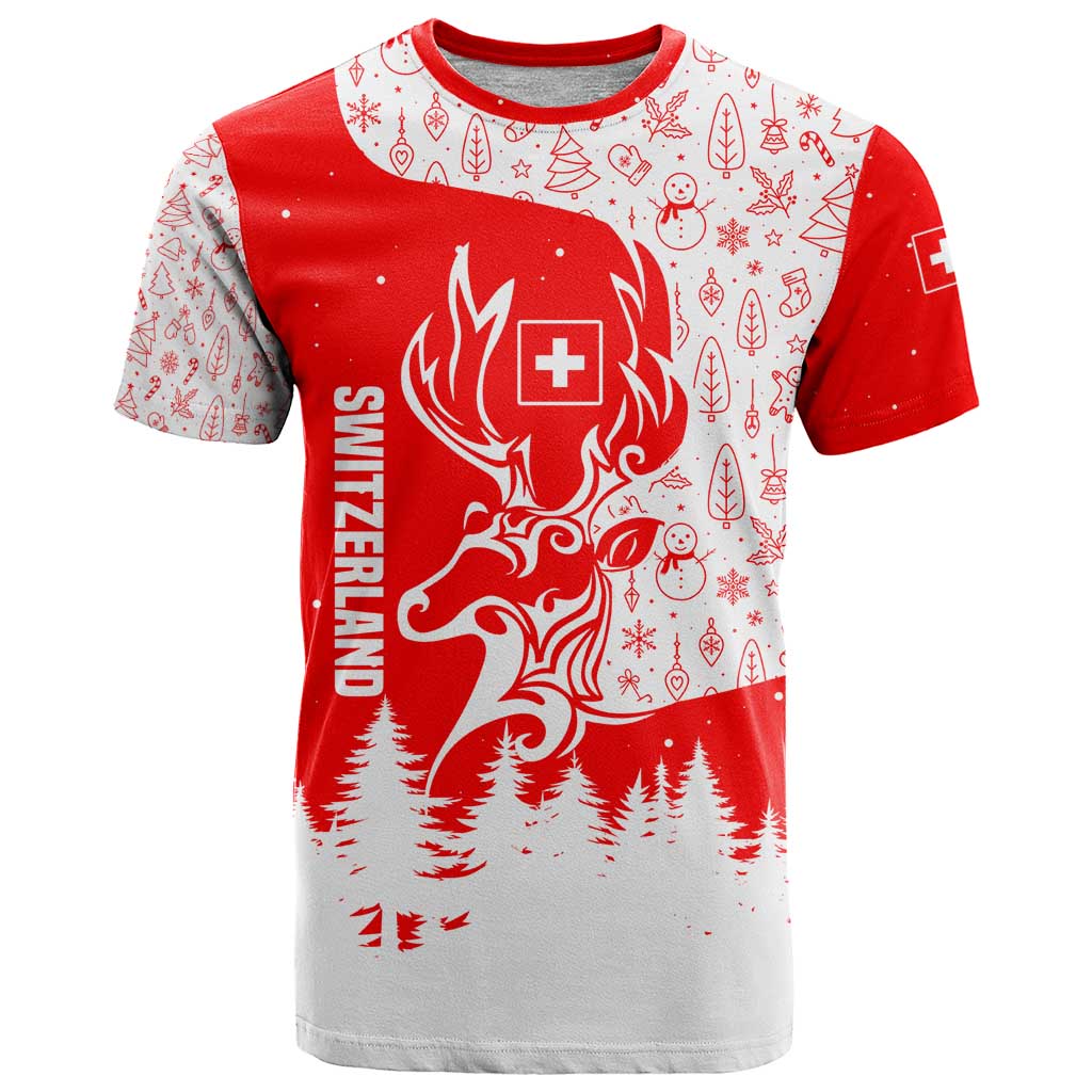 Switzerland Christmas T-Shirt with Red Reindeer Snow Forest and Holiday Icon Graphic Tee
