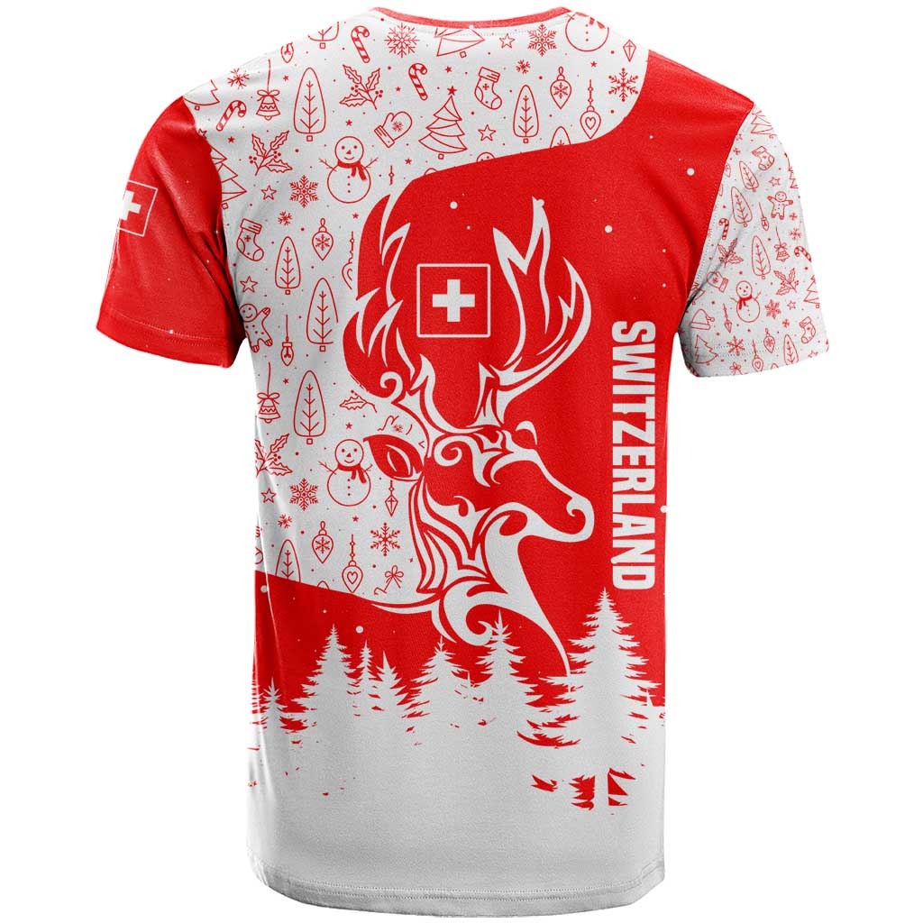 Switzerland Christmas T-Shirt with Red Reindeer Snow Forest and Holiday Icon Graphic Tee