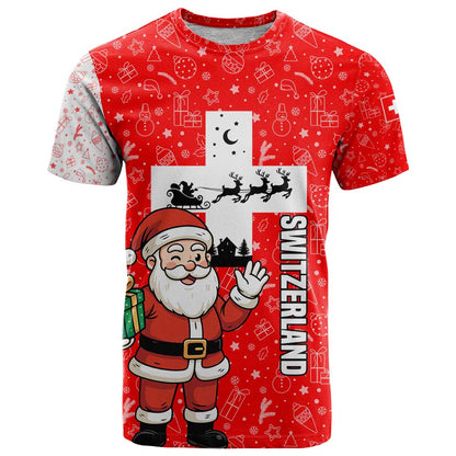 Switzerland Christmas T-Shirt with Santa Sleigh Silhouette and Red Holiday Icon Graphic Tee