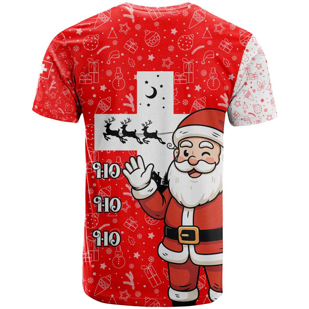 Switzerland Christmas T-Shirt with Santa Sleigh Silhouette and Red Holiday Icon Graphic Tee