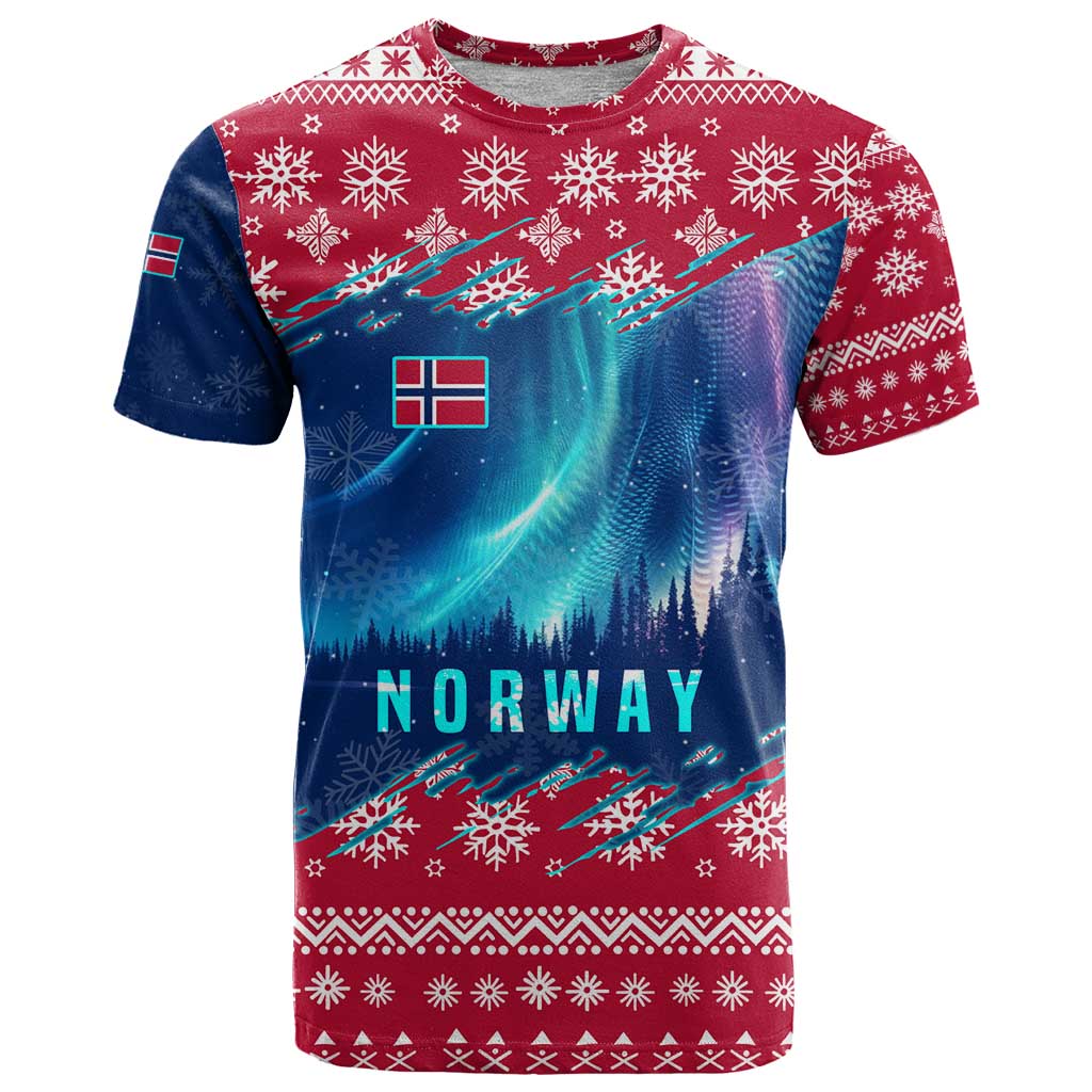 Norway Christmas T-Shirt with Northern Lights Snowflake Pattern and Nordic Forest Graphic Tee