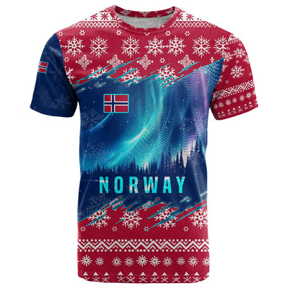 Norway Christmas T-Shirt with Northern Lights Snowflake Pattern and Nordic Forest Graphic Tee
