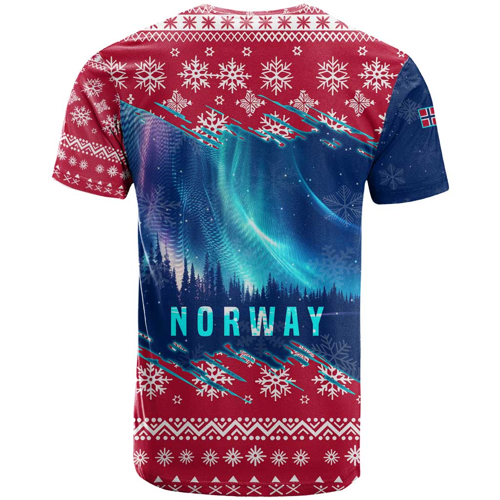 Norway Christmas T-Shirt with Northern Lights Snowflake Pattern and Nordic Forest Graphic Tee