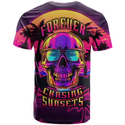 Foreuer Chasing Sunsets Skull T-Shirt Graphic Tee