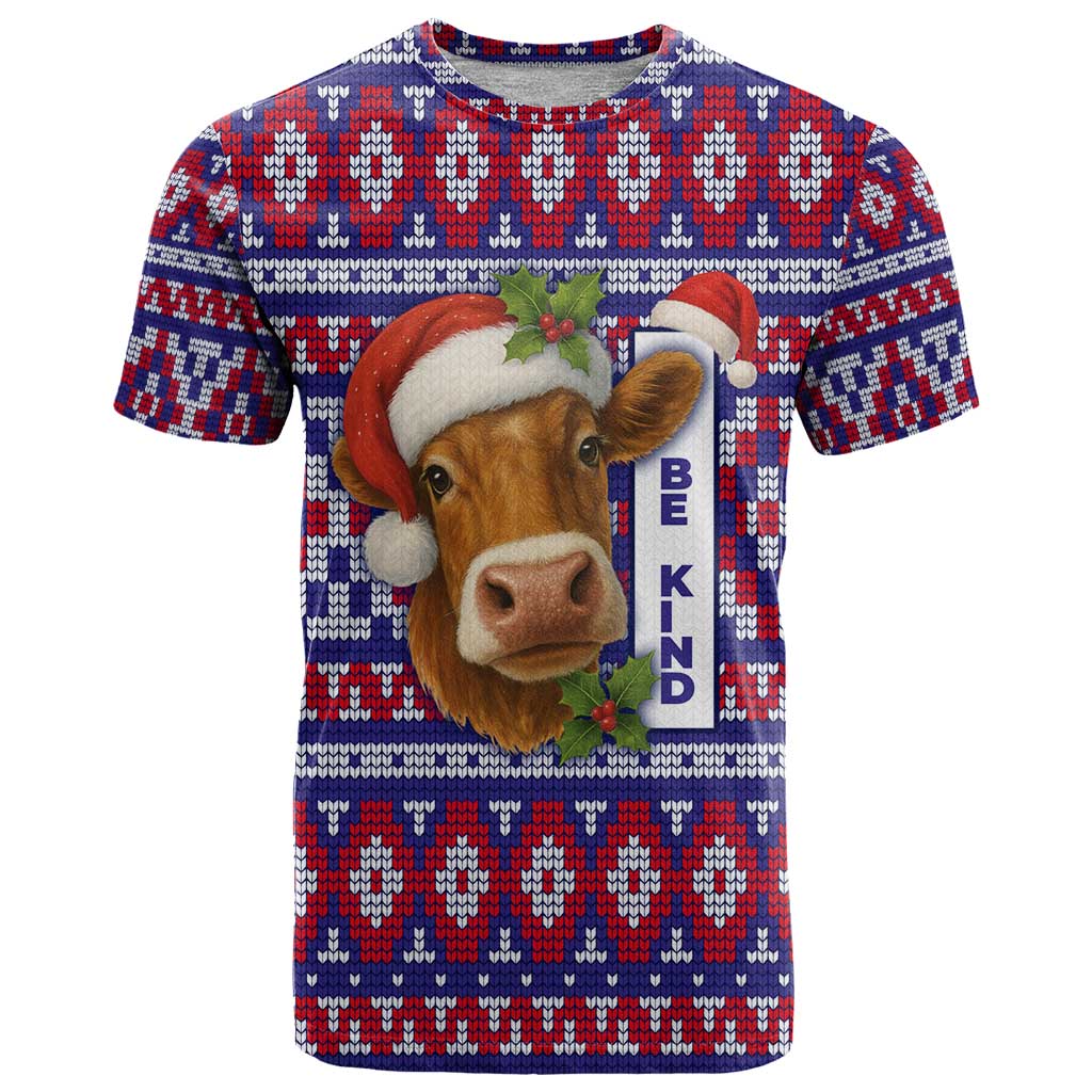 Cow in Santa Hat Be Kind Message T-Shirt with Red Blue Knit Pattern Design Graphic Tee