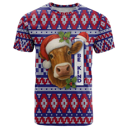 Cow in Santa Hat Be Kind Message T-Shirt with Red Blue Knit Pattern Design Graphic Tee