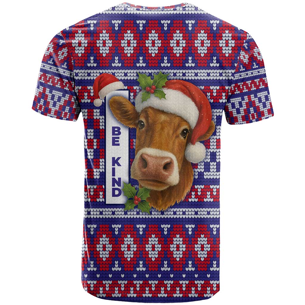 Cow in Santa Hat Be Kind Message T-Shirt with Red Blue Knit Pattern Design Graphic Tee