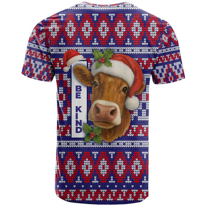 Cow in Santa Hat Be Kind Message T-Shirt with Red Blue Knit Pattern Design Graphic Tee