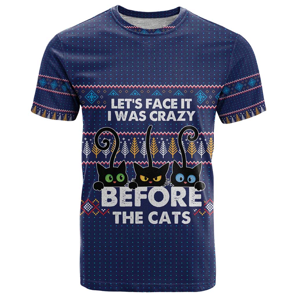 Crazy Cat Lover T-Shirt with Black Cats and Funny Quote in Blue Holiday Knit Pattern Design Graphic Tee